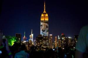 Large images of endangered species are projected on the south facade of The Empire State Building, Saturday, Aug. 1, 2015, in New York. The large scale projections are in part inspired by and produced by the filmmakers of an upcoming documentary called 